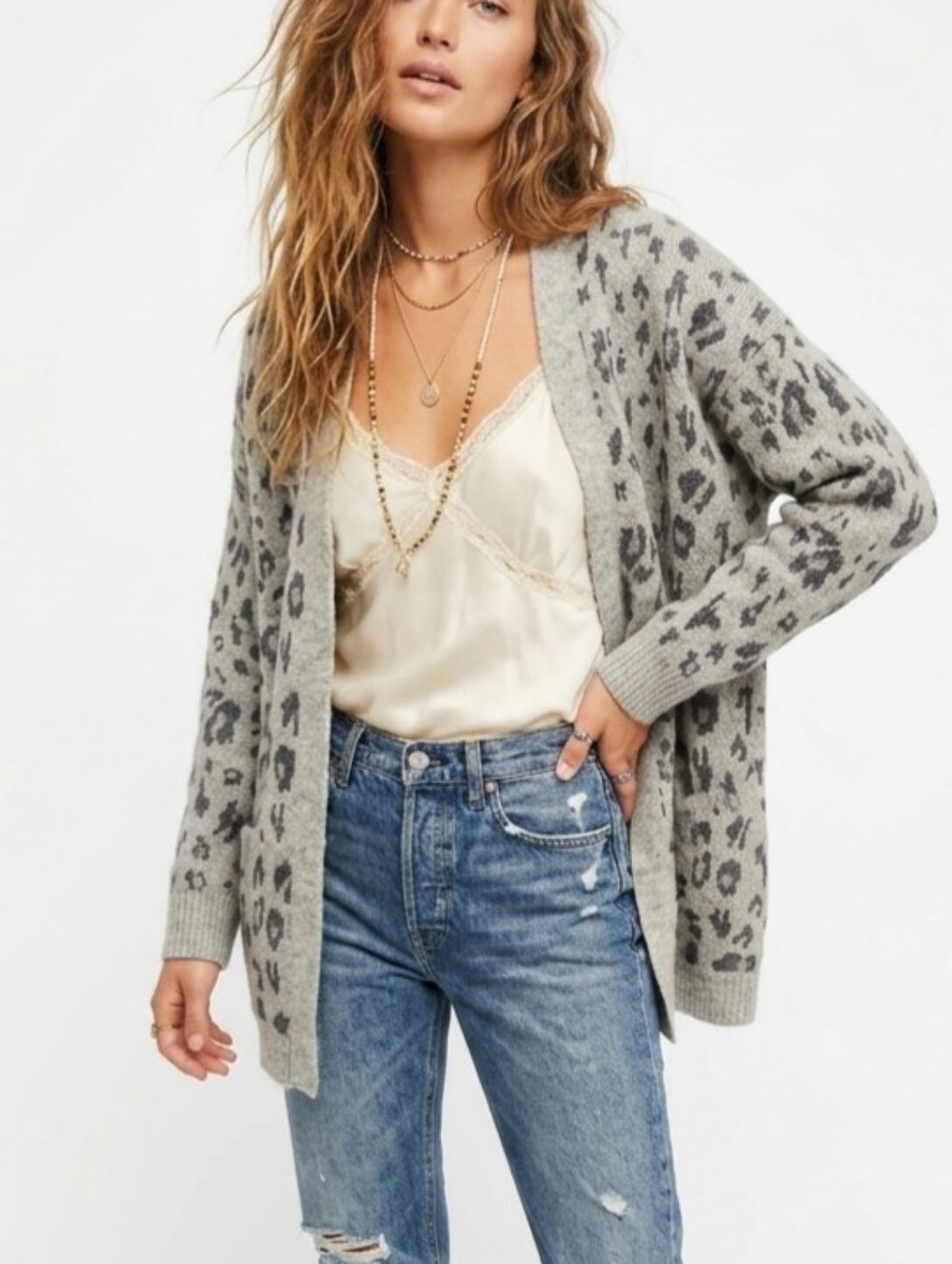 EASEL LOS ANGELES Cotton Blend Gray Leopard Print Open Cardigan Sweater Grey M